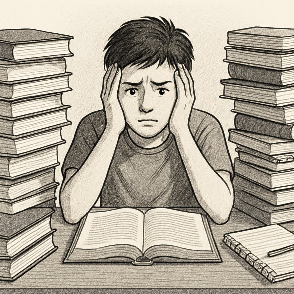 Stressed teenager surrounded by towering stacks of books and study materials Social expectations creating mental health challenges for labeled students