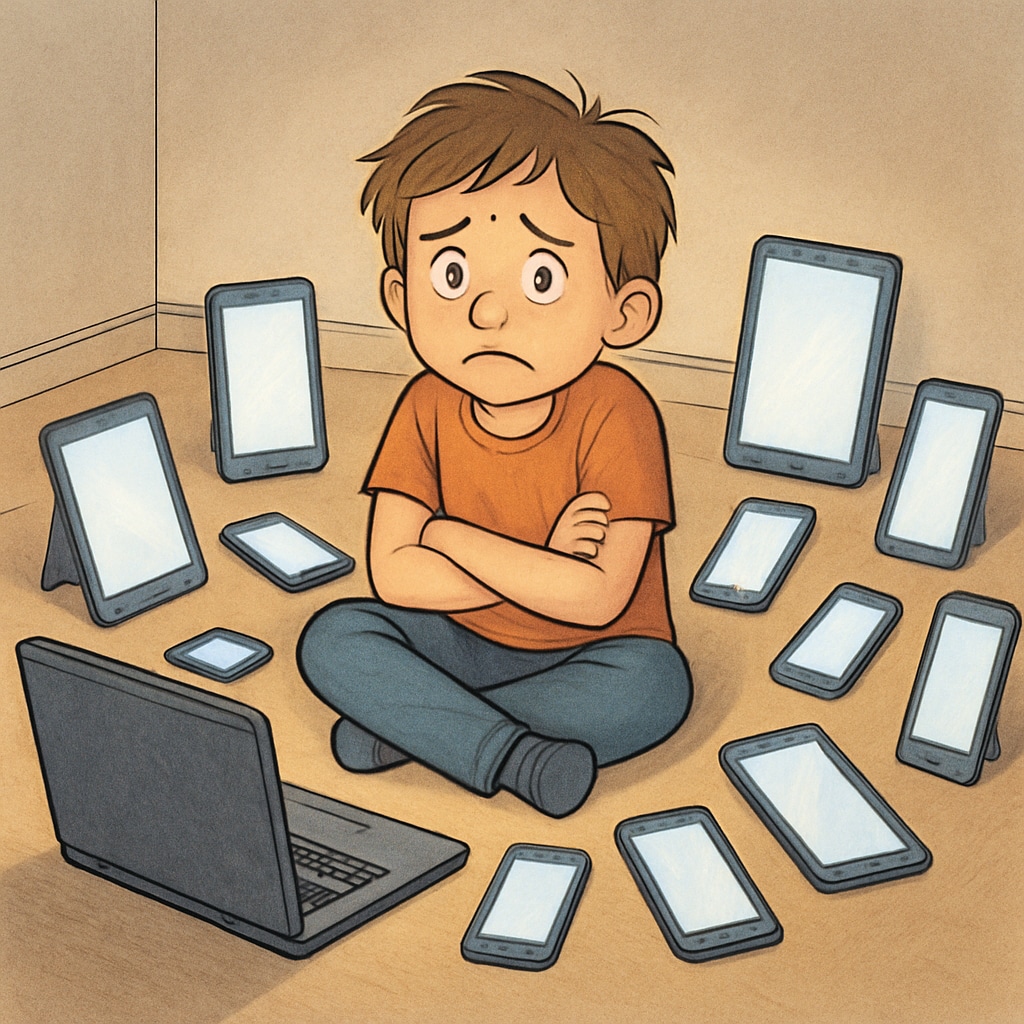 A child surrounded by smartphones, tablets, and laptops showing signs of digital overload Child protection from technology addiction and mental health risks