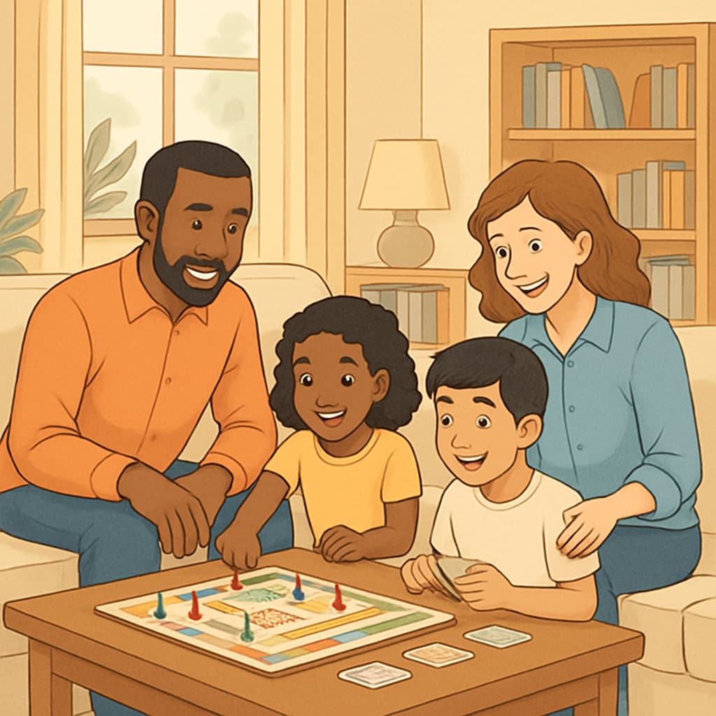 Diverse family playing board game together in living room as tech-free alternative Mental health benefits of reducing children's tech exposure
