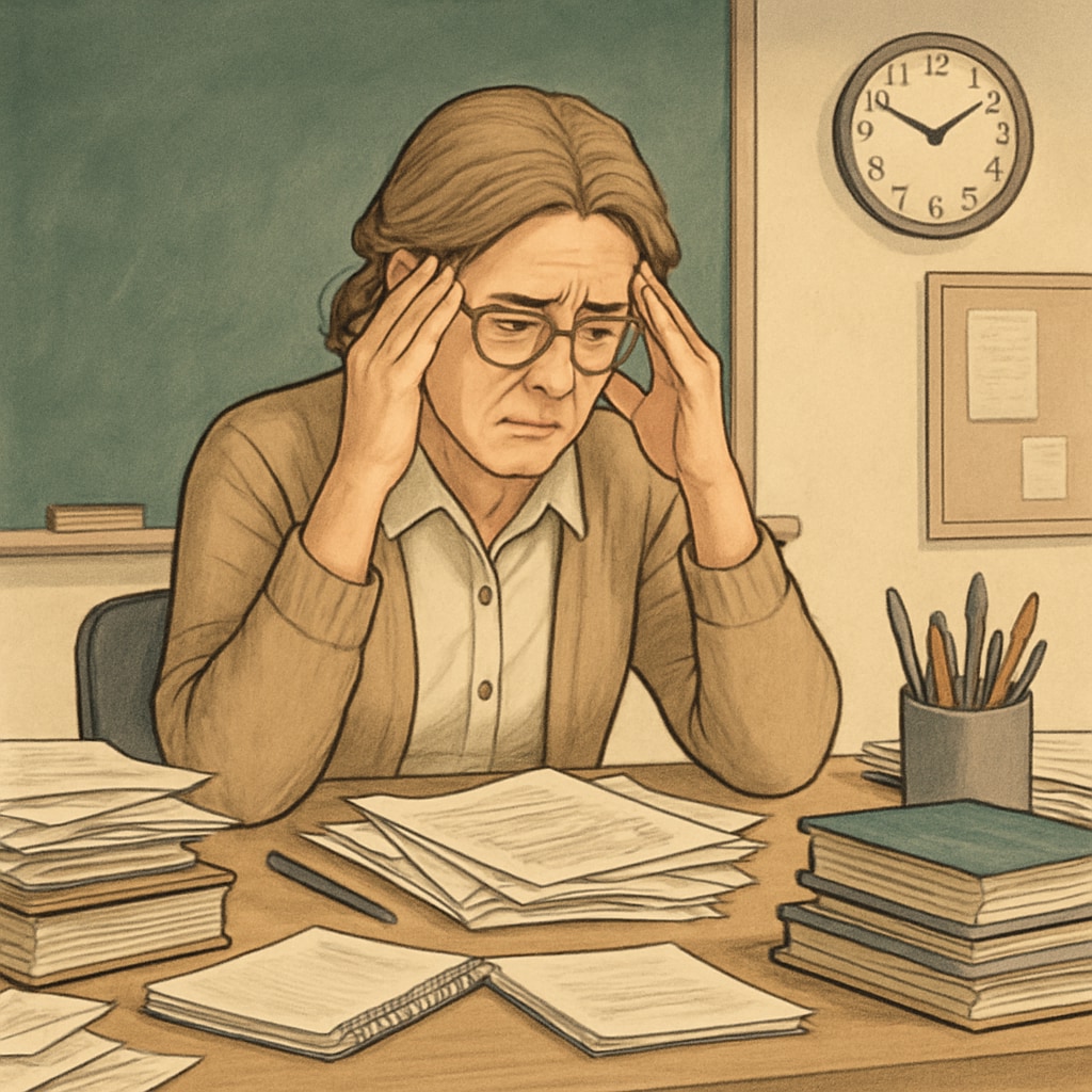 Overwhelmed teacher struggling with poor academic dean decisions
