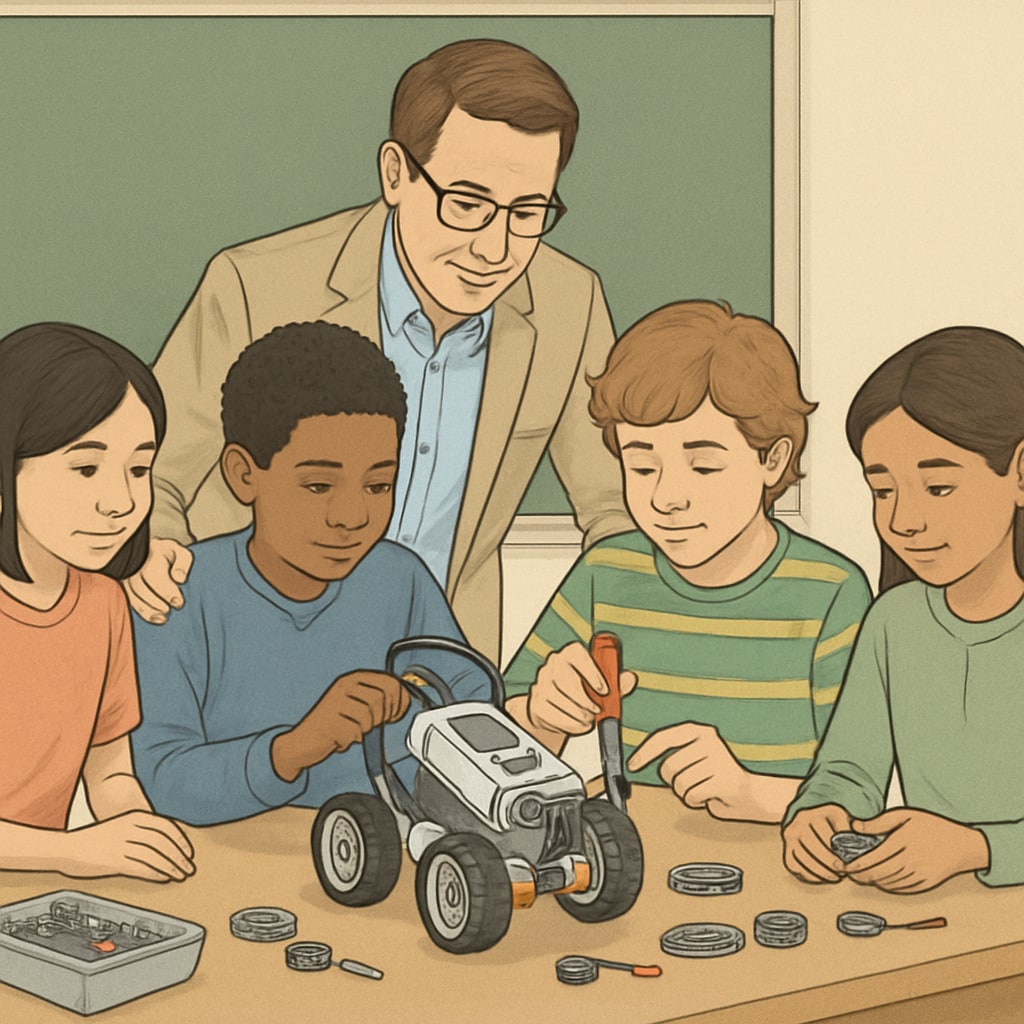 Beginner robotics course students engaged in project-based learning