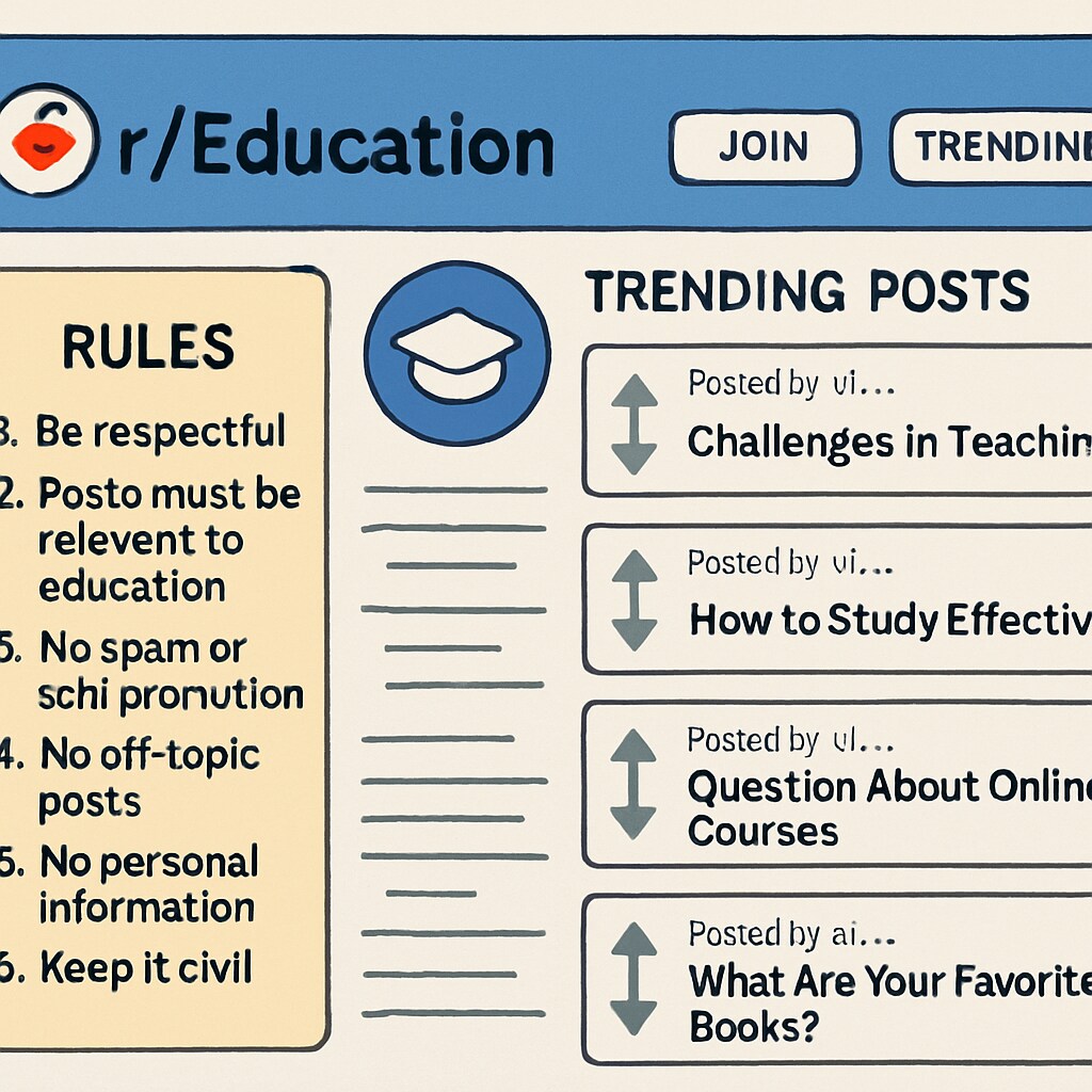 A screenshot of the r/Education subreddit homepage showing the sidebar rules and trending posts r/Education community rules and subreddit layout