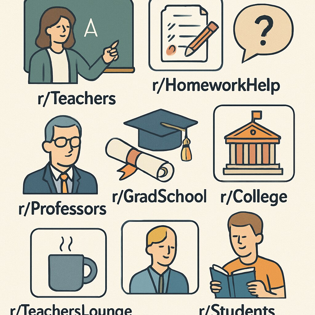 A collage of icons representing popular education subreddits like r/Teachers and r/HomeworkHelp K12 education subreddits on Reddit