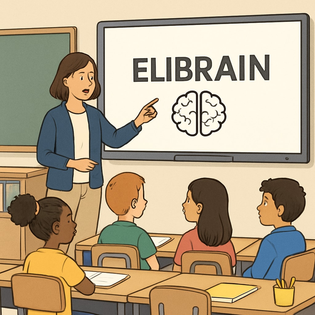 A diverse group of elementary students watching their teacher demonstrate ELIBRAIN on a classroom smartboard ELIBRAIN teaching tool in K12 classroom setting