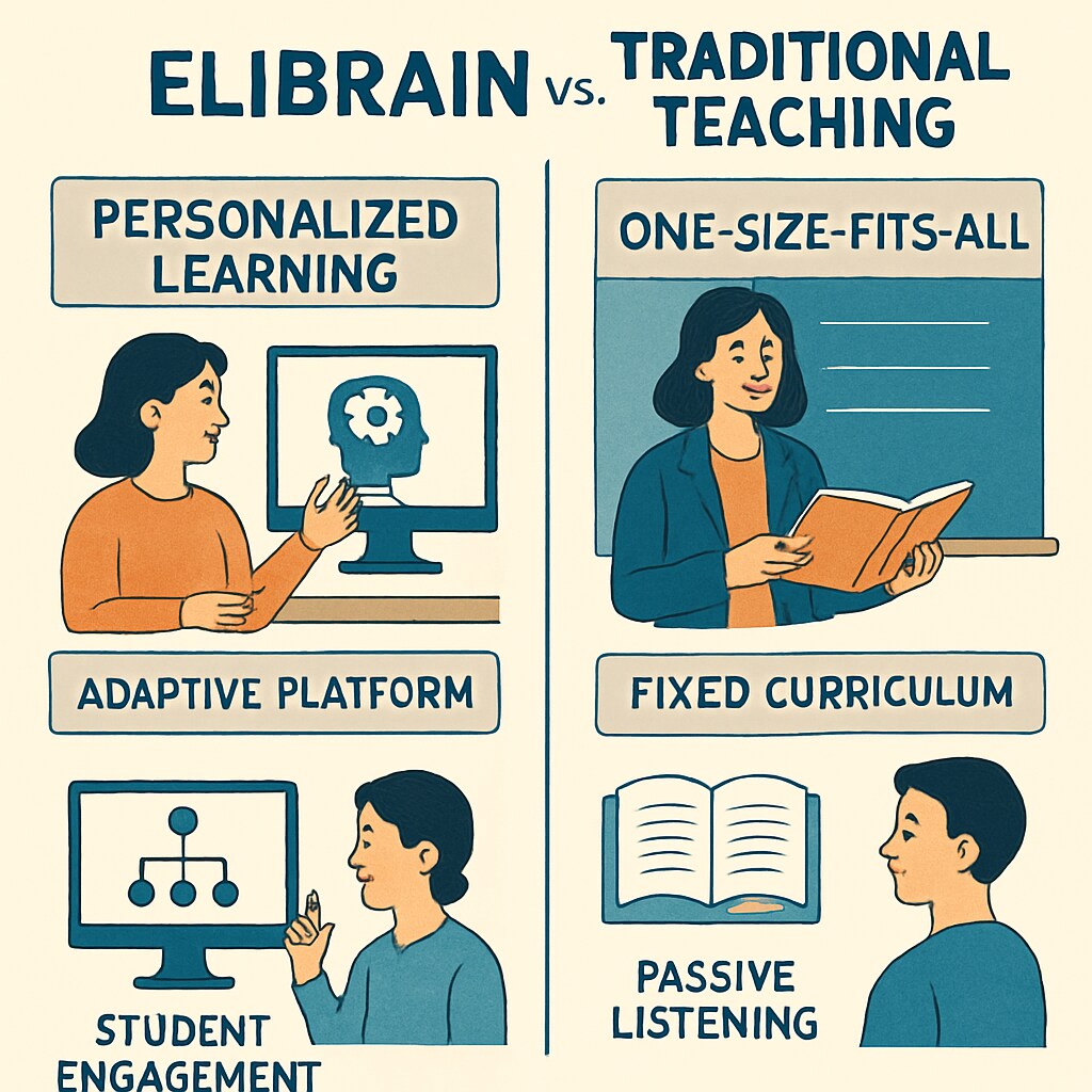 Comparative infographic showing ELIBRAIN's features versus traditional teaching methods ELIBRAIN teaching tool feature comparison