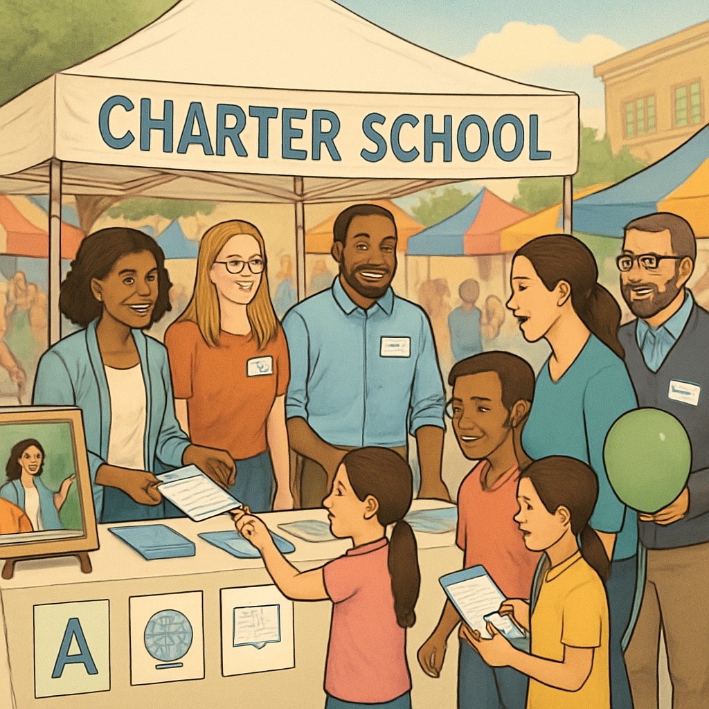 Diverse group of charter school teachers staffing an information booth at a community street fair, engaging with parents and children Charter school teachers conducting community outreach at local enrollment event
