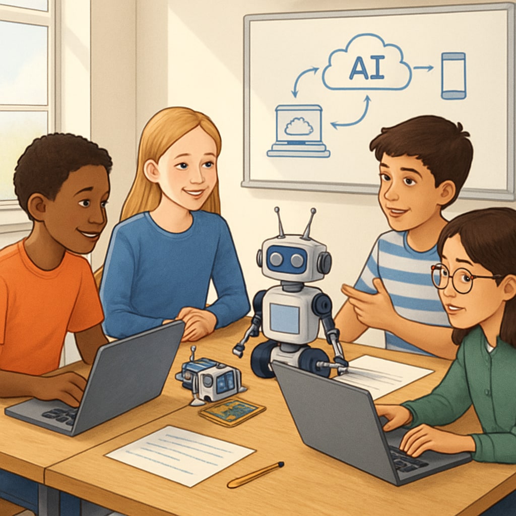 Diverse group of middle school students collaborating on AI programming project Students learning AI concepts through White House initiative