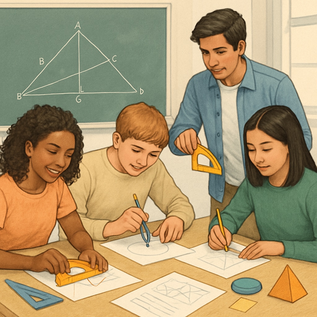 Diverse group of high school students engaged in hands-on geometry activities using traditional tools like protractors and compasses American high school geometry classroom activity