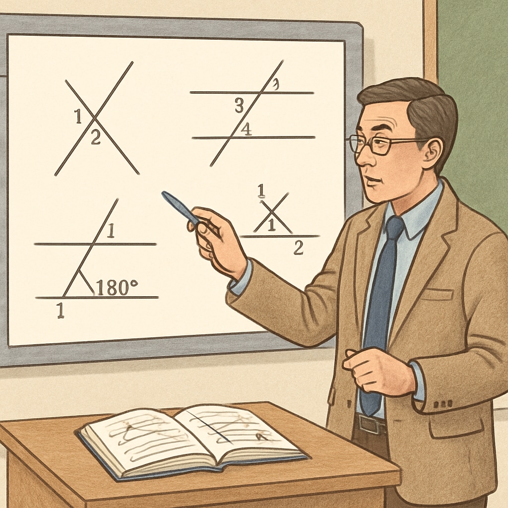 Geometry teacher using interactive whiteboard to demonstrate angle relationships with digital tools Modern geometry teaching methods in US education