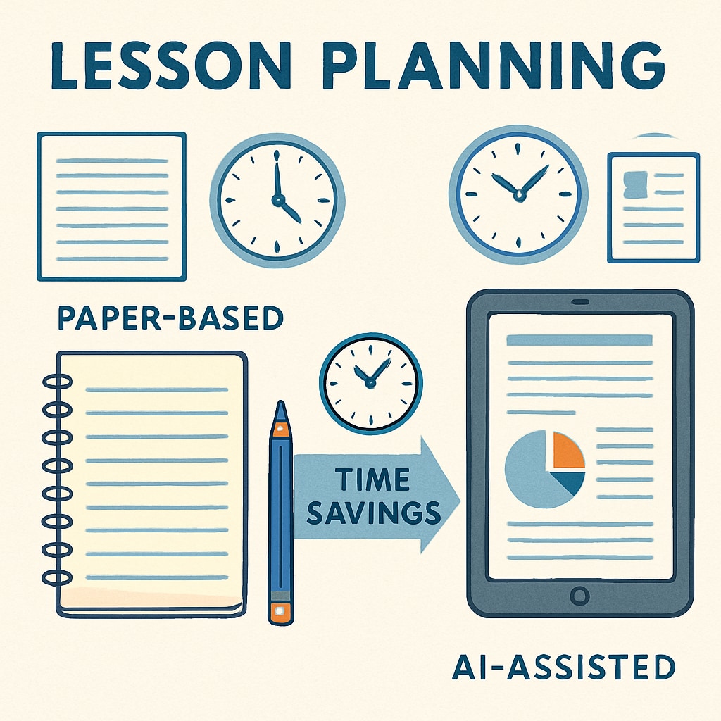 Infographic comparing traditional paper-based lesson planning (left) with AI-assisted digital planning (right), showing time savings. Teaching assistance through AI education tools