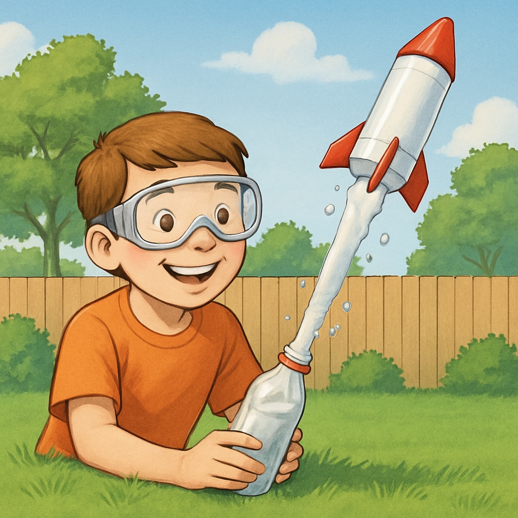 Child conducting safe home science experiment with baking soda rocket