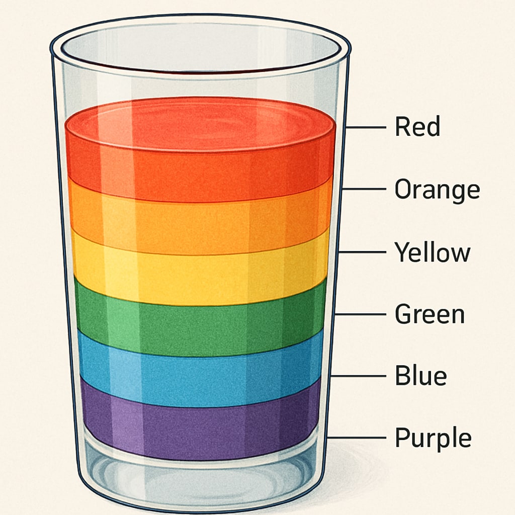 Kids science experiment showing density tower with rainbow colors