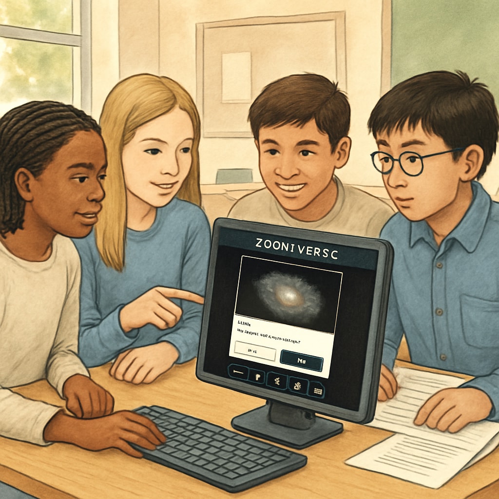 Diverse group of middle school students collaborating around a computer screen showing Zooniverse galaxy classification interface Students participating in Zooniverse citizen science projects