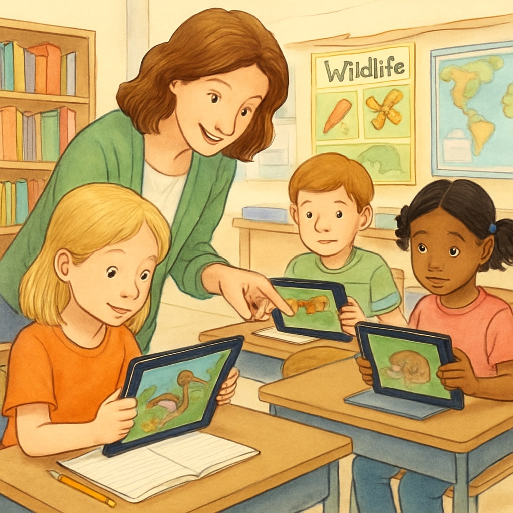 Classroom scene with teacher helping elementary students use tablets to document local wildlife observations Classroom integration of citizen science projects