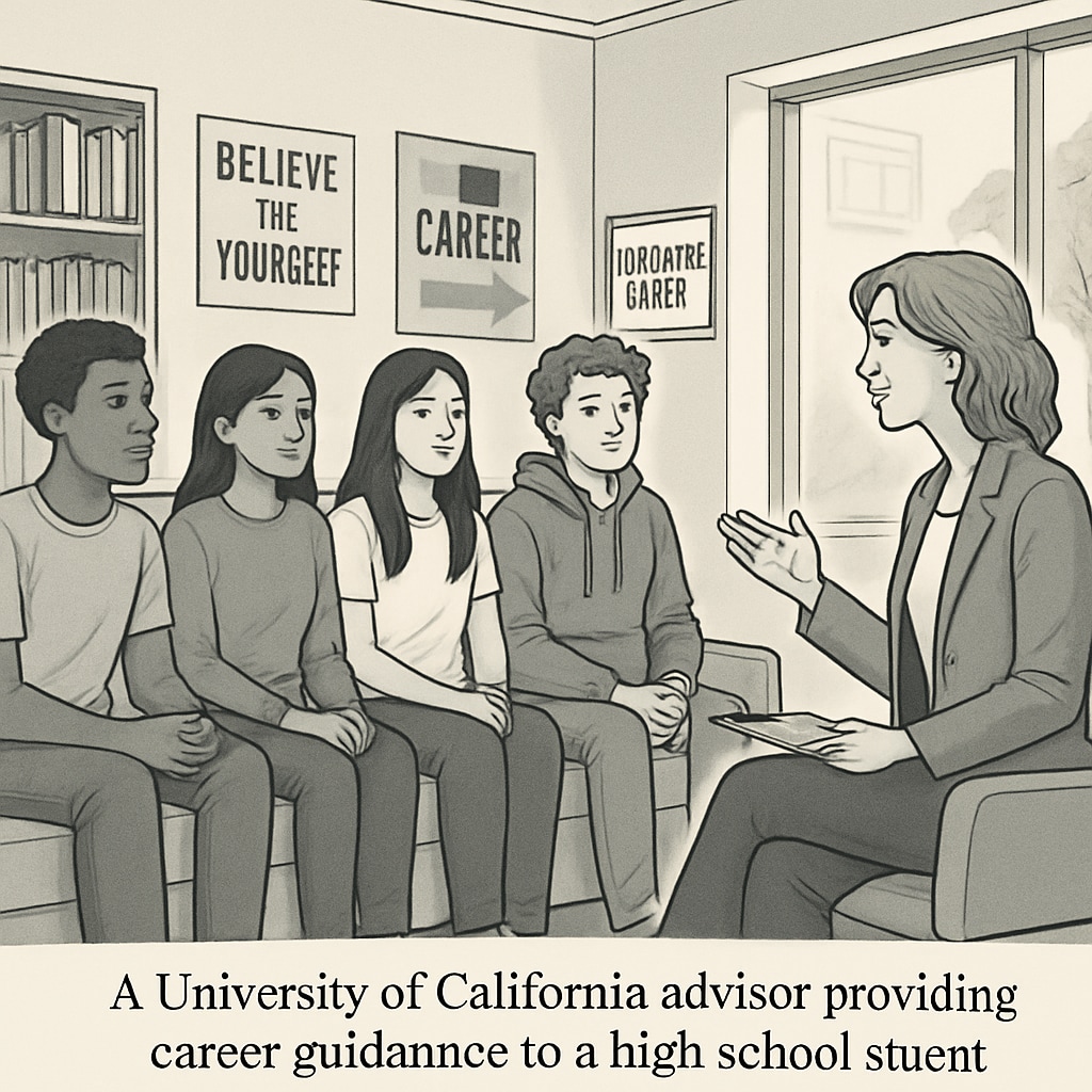 Diverse group of high school students receiving career guidance from a University of California advisor in a modern campus counseling center UC career consultant advising diverse students