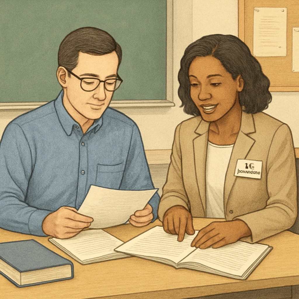 High school educator in professional meeting with UC admissions representative, reviewing documents together K12 teacher consulting with UC professional