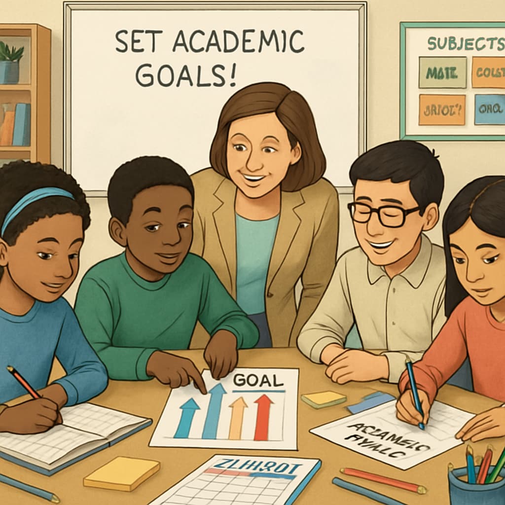 Diverse group of middle school students collaboratively setting academic goals with their teacher, using colorful charts and planners K12 students discussing academic expectations with educator