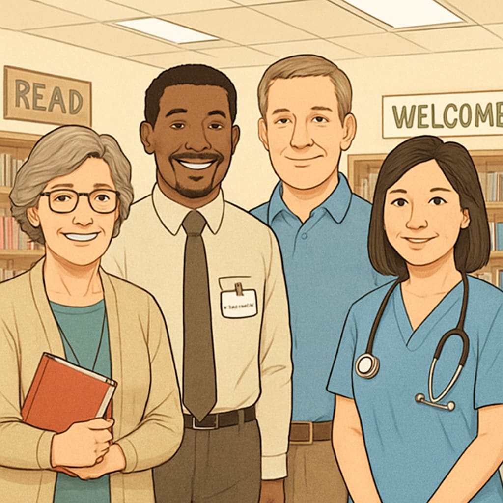 Diverse school staff including librarian, counselor, and nurse smiling in well-lit school library Non-teaching education professionals enjoying school environment