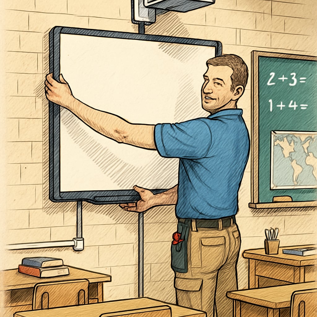IT technician installing smartboard during school vacation period Technology specialist maintaining school equipment during break