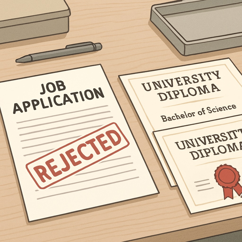 A rejected job application placed beside university diplomas Degree discrimination in Arizona hiring practices