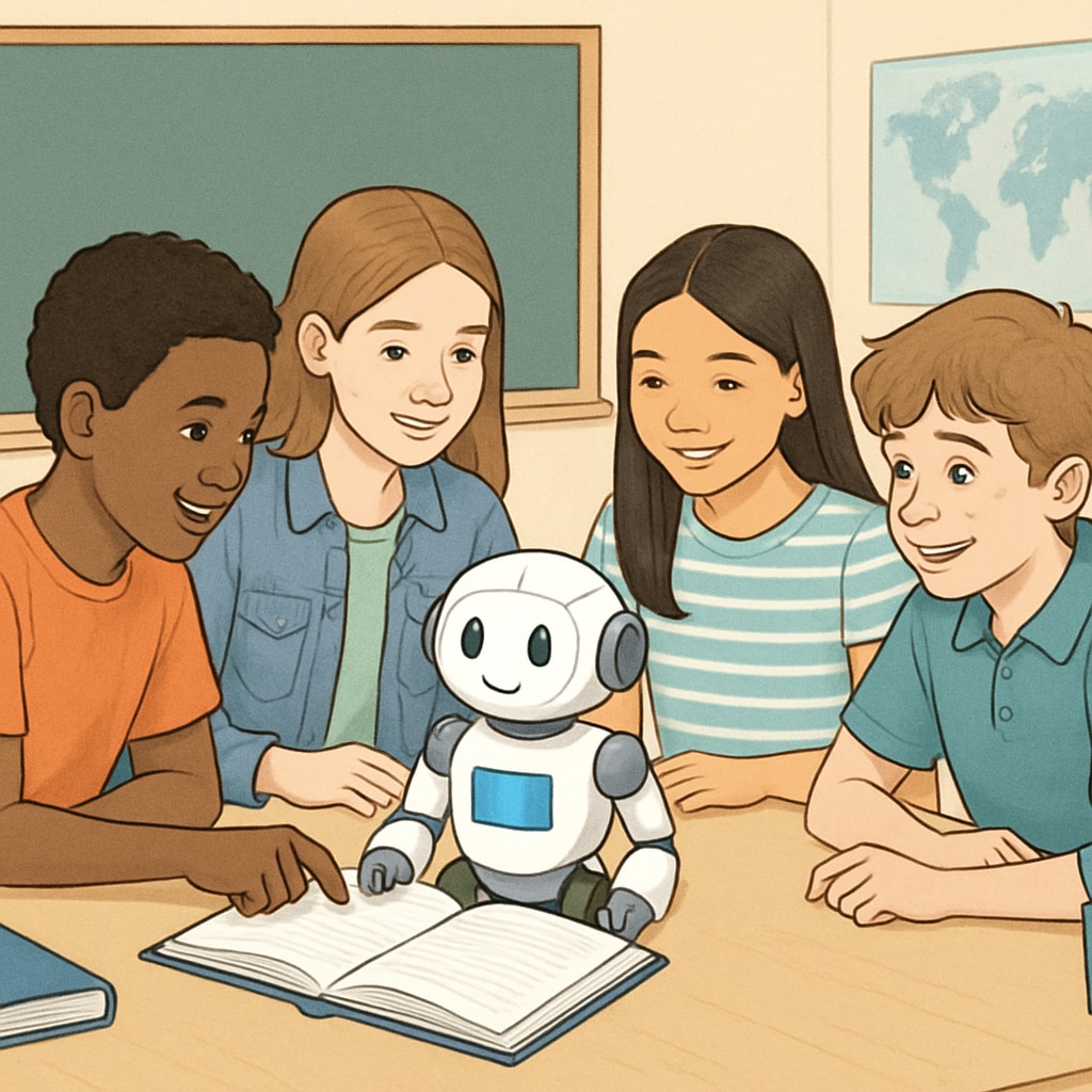 Diverse group of middle school students working together at a table with an AI-powered educational robot, showing human-machine collaboration in learning AI-assisted collaborative learning in modern classroom