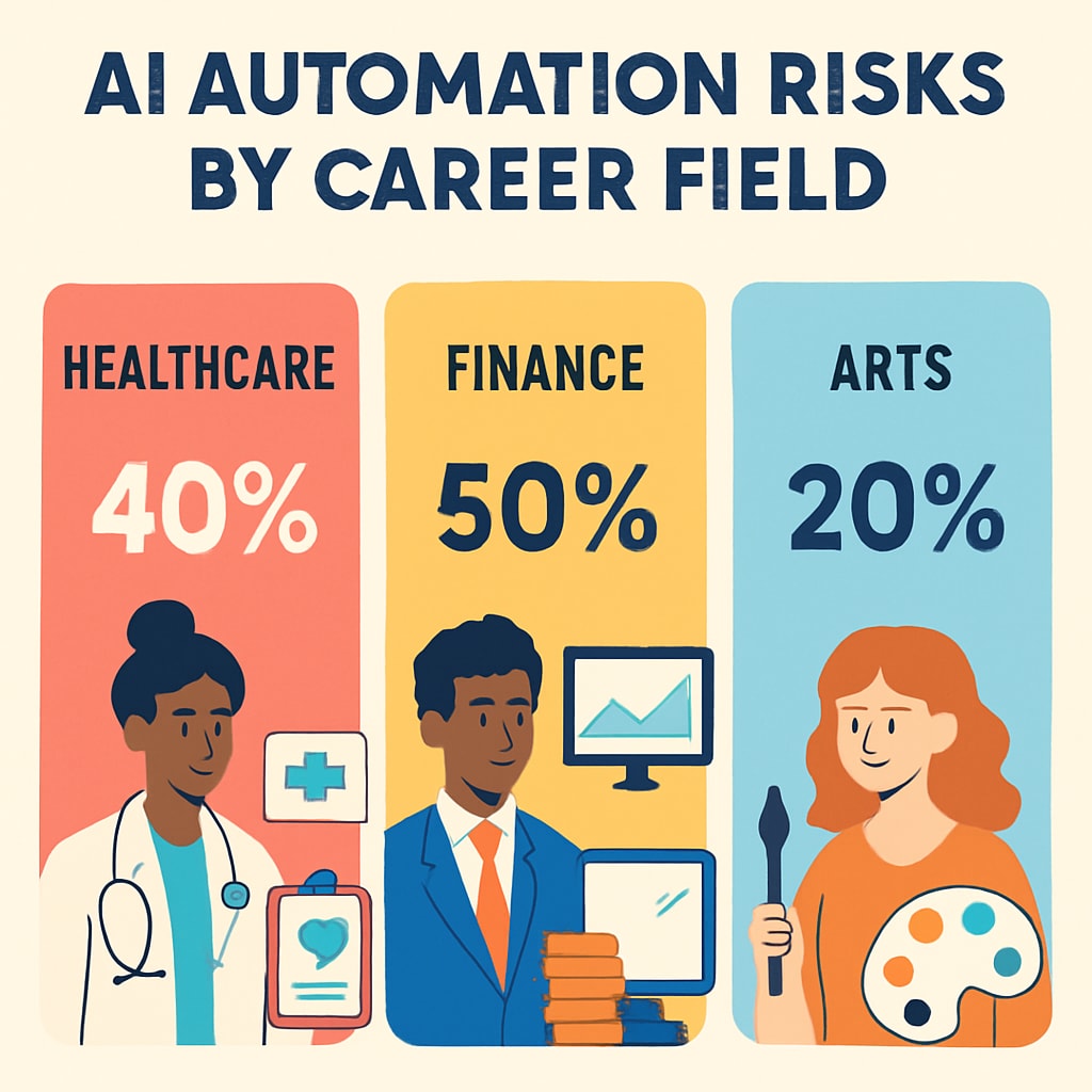 Colorful infographic comparing AI automation risks across career fields (healthcare, finance, arts) with percentage indicators AI impact on future career prospects visualization
