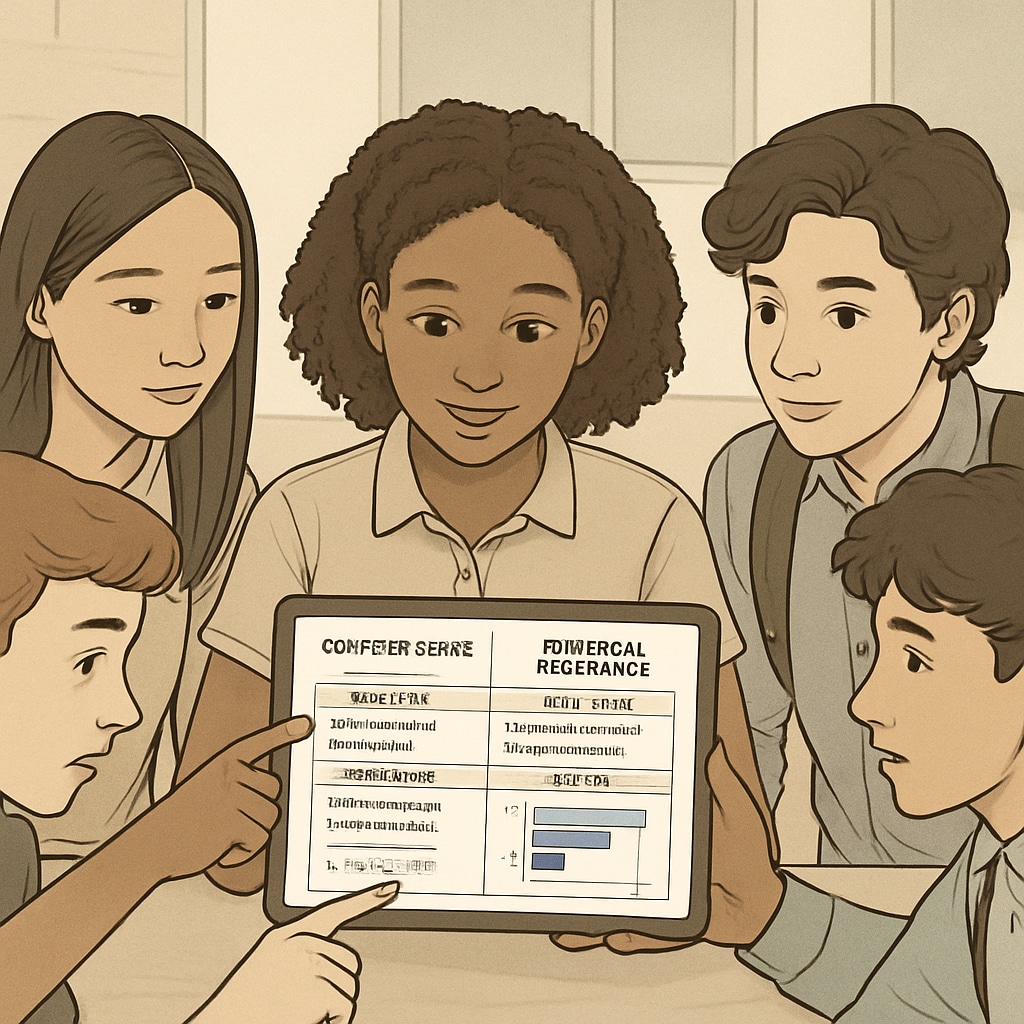 A diverse group of high school students reviewing career options on a digital tablet, showing comparison charts between computer science and biomedical engineering paths. Students comparing STEM career options between computer science and biomedical engineering