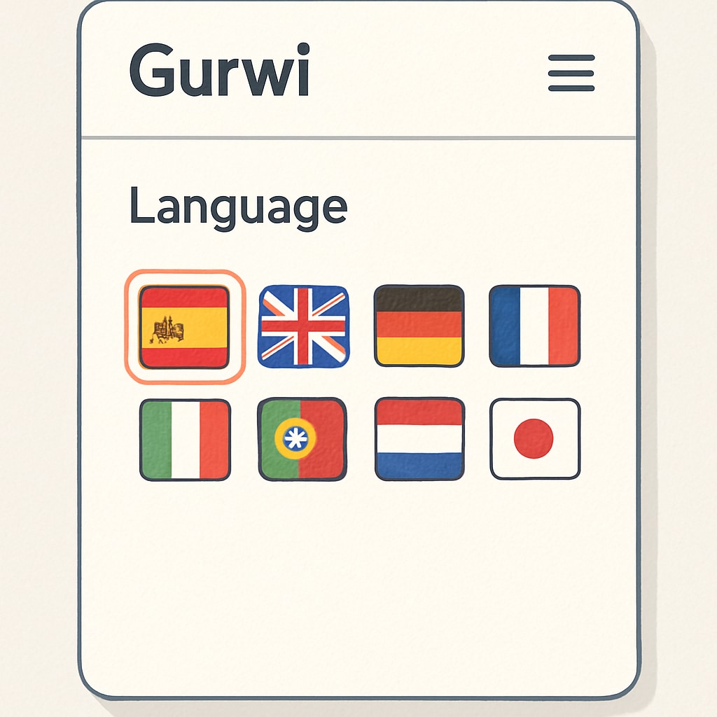 Close-up of Gurwi app interface showing language selection menu with 8 flag icons representing supported languages, with Spanish currently selected. Gurwi's multilingual support interface in education app