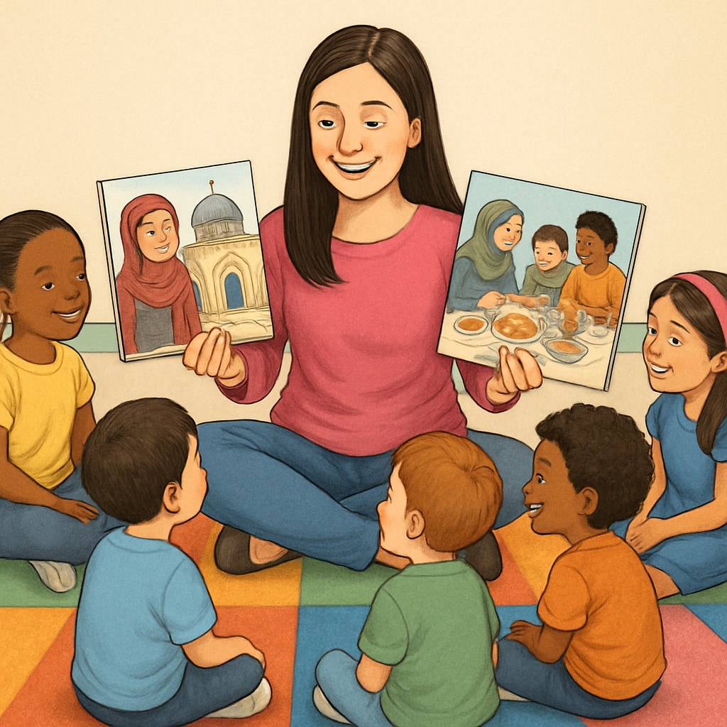Ms.Rachel sitting cross-legged on colorful mat surrounded by diverse group of children aged 3-6, holding picture books featuring Middle Eastern cultural elements Ms.Rachel teaching multicultural children about humanitarian values