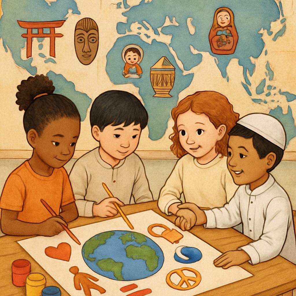 Multicultural children working together on art project showing global friendship themes, with world map and diverse cultural symbols visible in background Diverse children collaborating on humanitarian education project