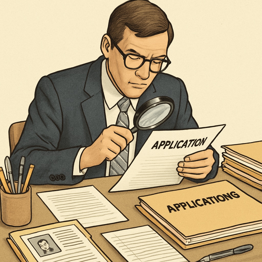 An admissions officer carefully examining application materials with a magnifying glass College application deception consequences illustration