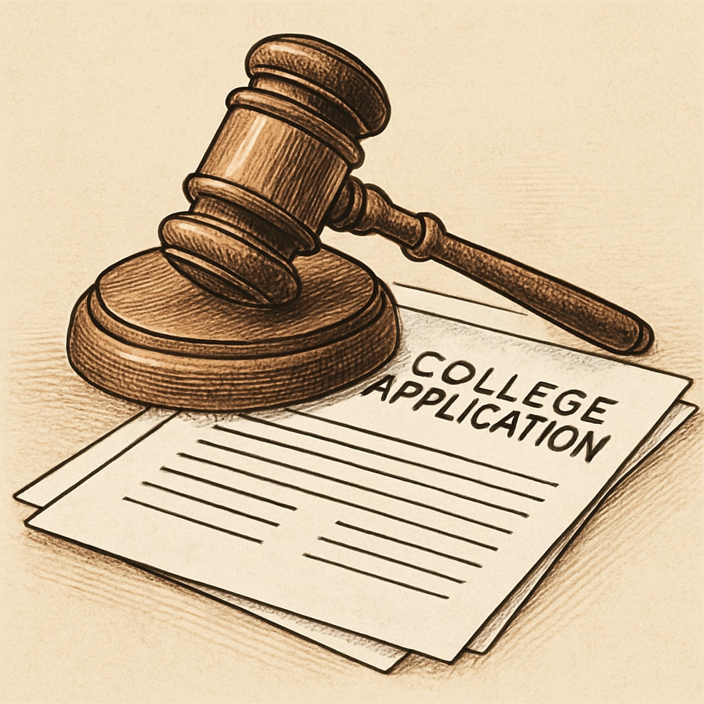 A judge's gavel resting on top of college application documents Legal consequences of college application fraud