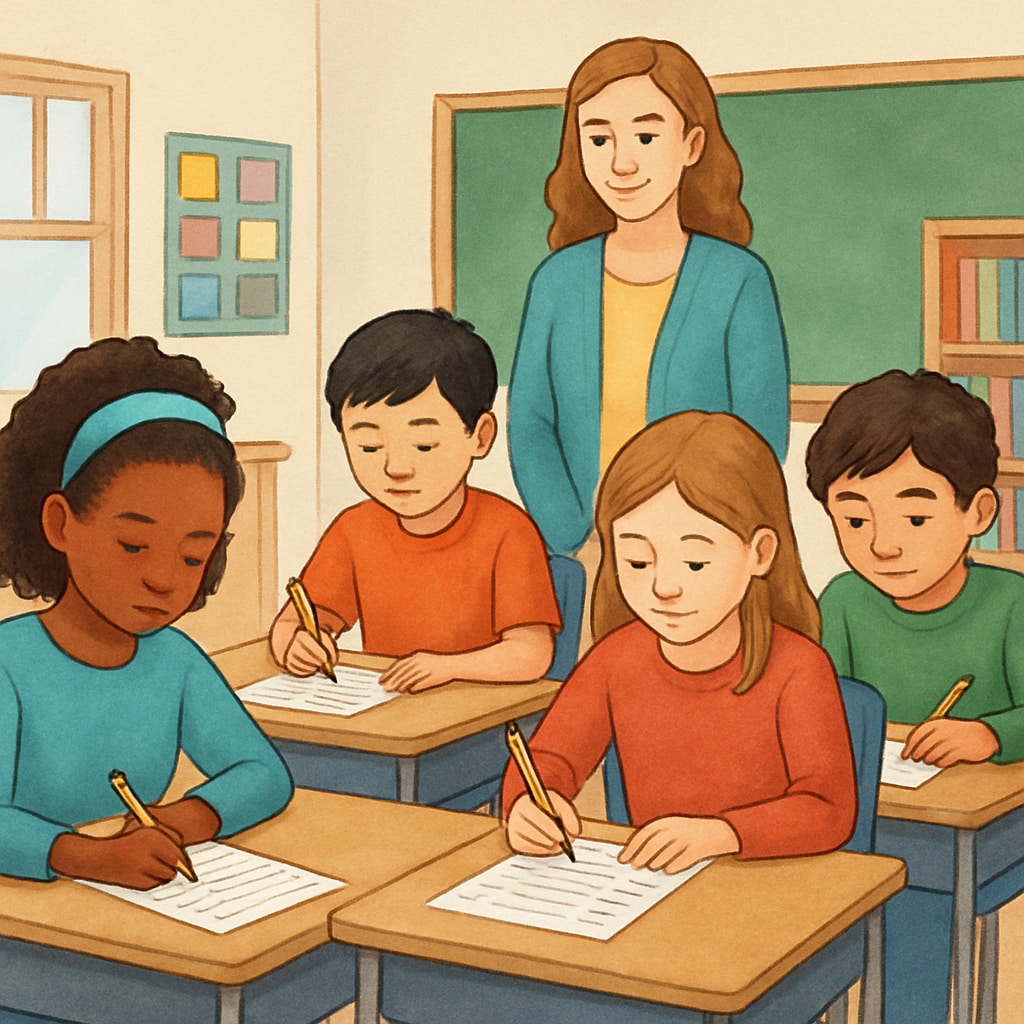 A diverse group of elementary students completing paper surveys while their teacher observes Students participating in classroom research survey