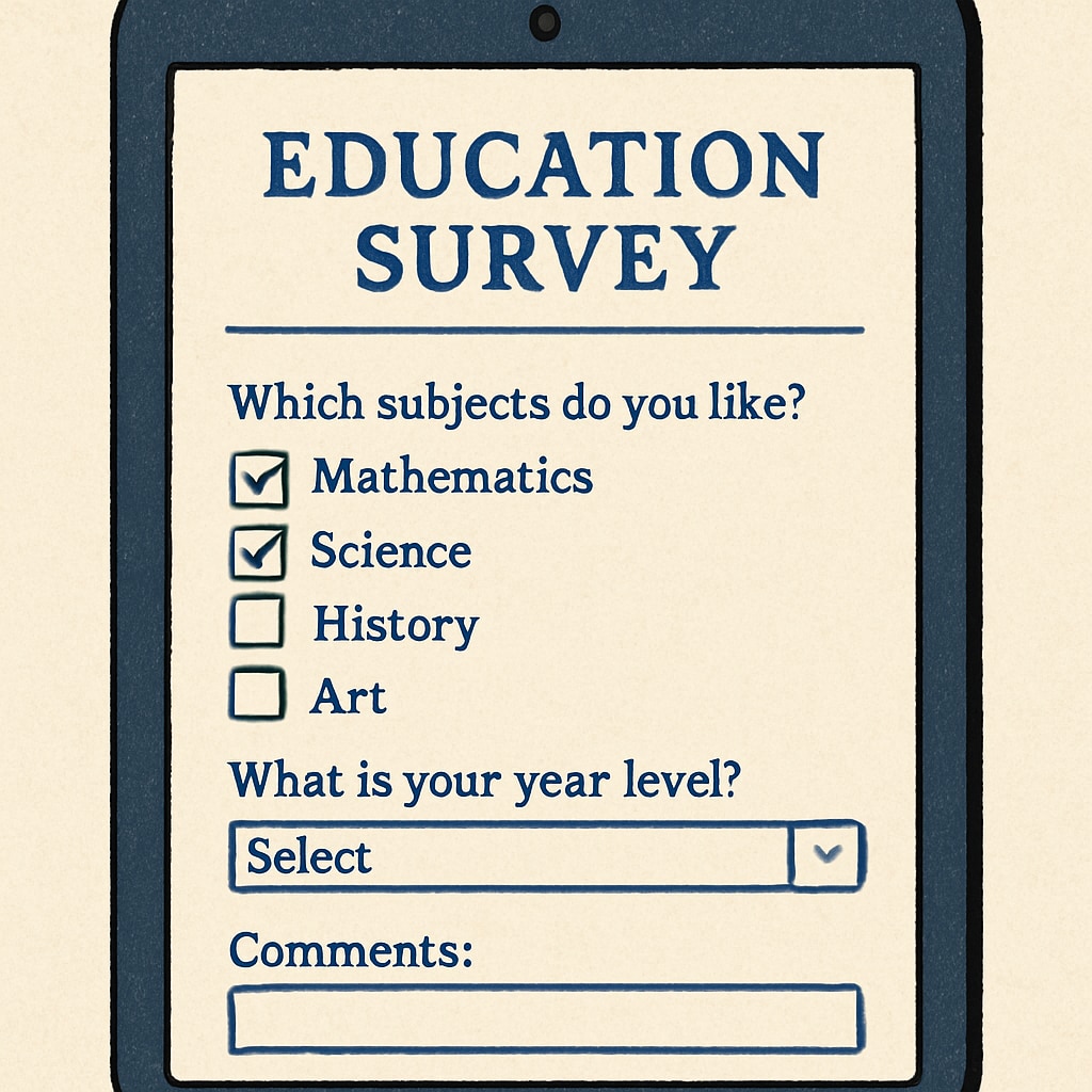 Digital tablet showing a well-designed education survey with multiple question types Digital education survey form example