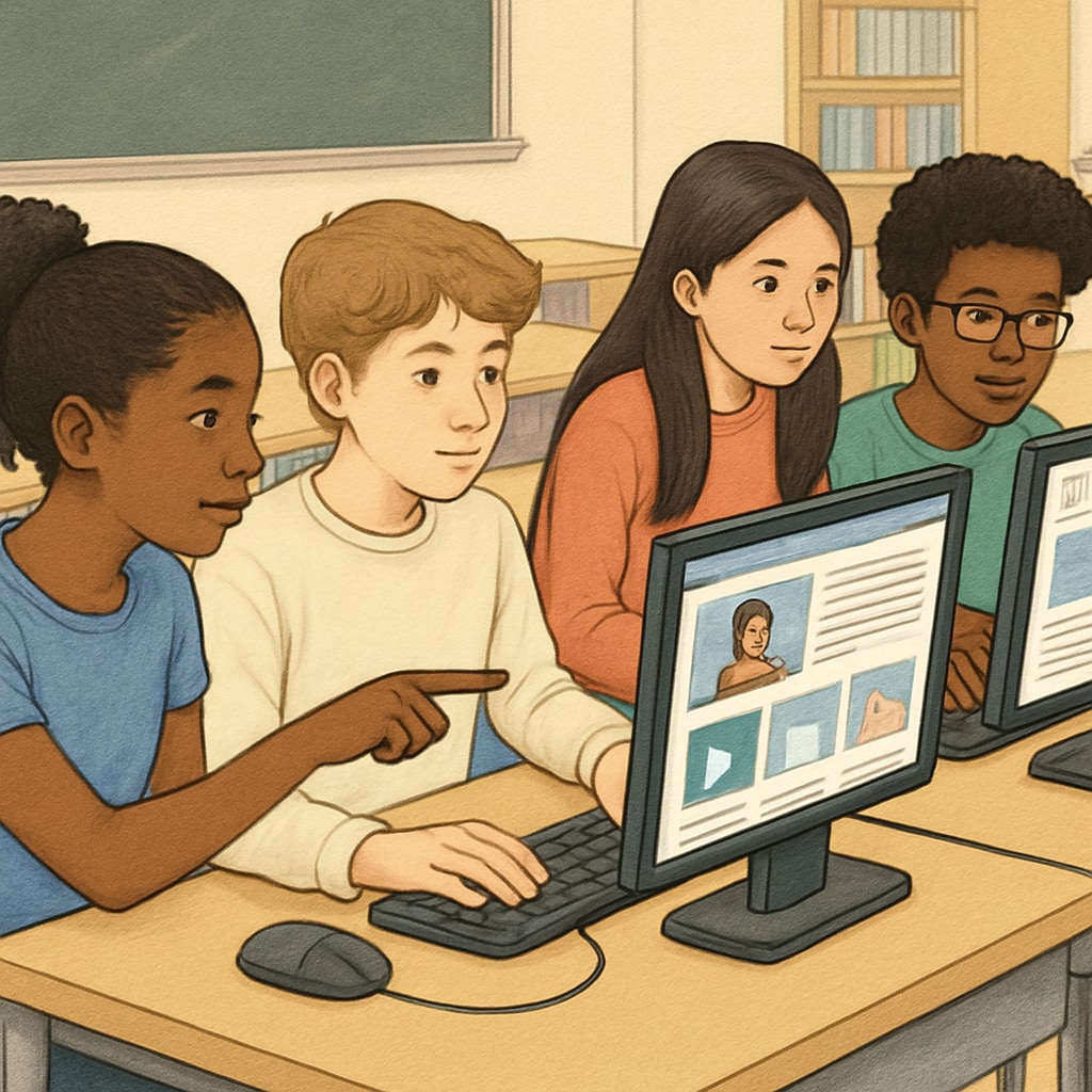 Diverse group of middle school students collaboratively analyzing digital media content on computers in a modern classroom Students conducting media research survey in classroom