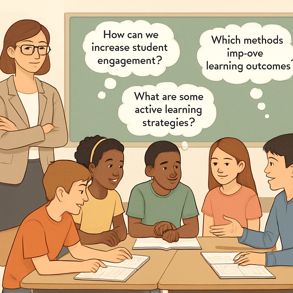 A middle school teacher observing diverse students during group work, with visual thought bubbles containing sample research questions about engagement strategies and learning outcomes Teacher developing research questions through classroom observation