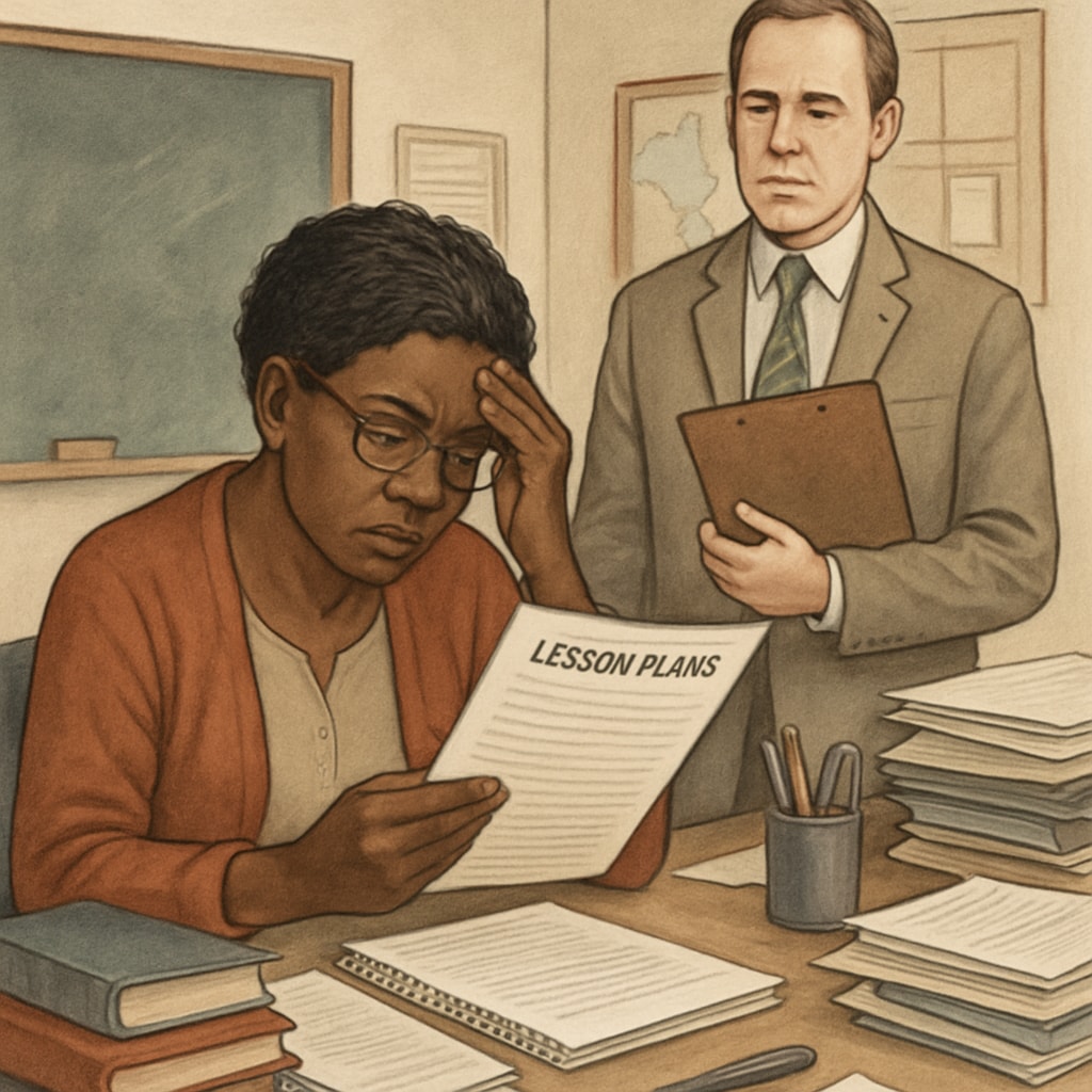 A Black female teacher in her 40s looks stressed while reviewing lesson plans at a cluttered desk. A white male administrator in a suit stands nearby holding a clipboard, appearing disengaged. Academic leadership conflict between teacher and administrator