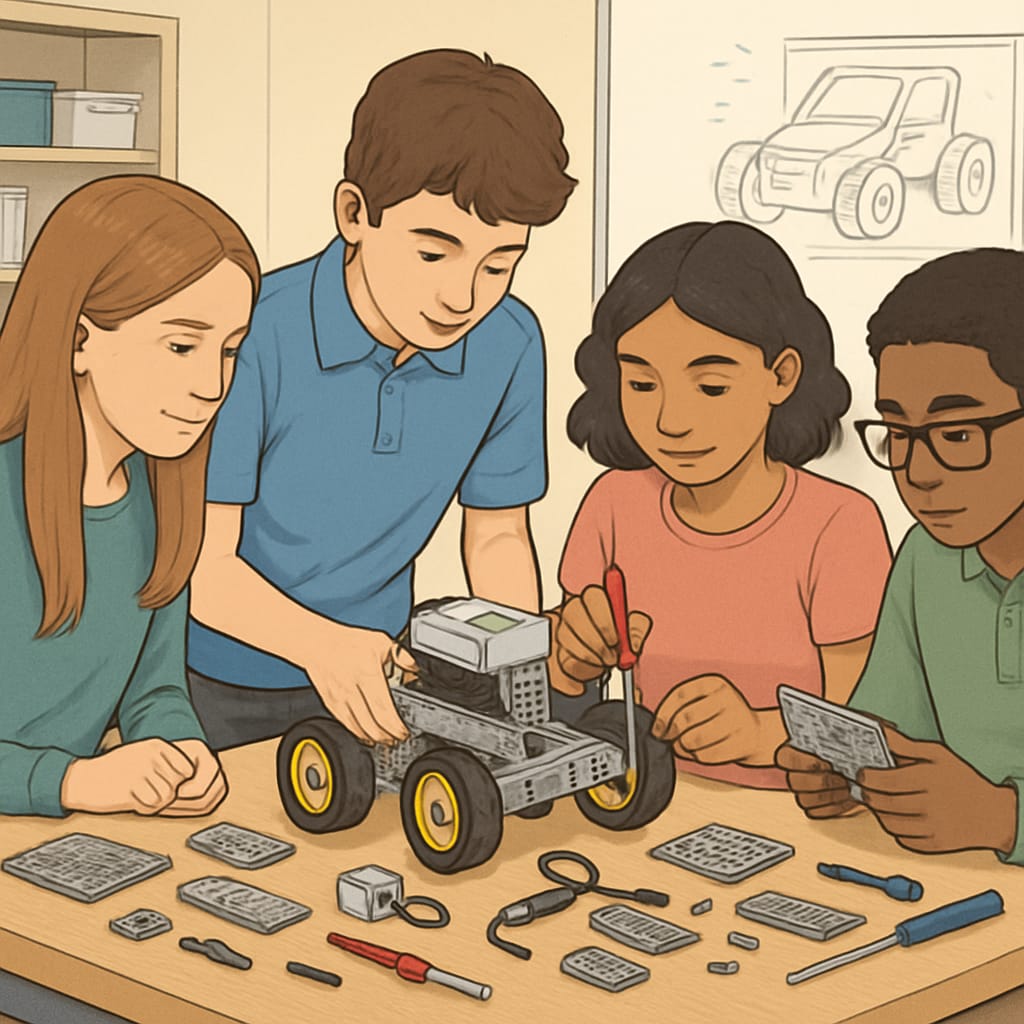 Beginner robotics course students building their first robot