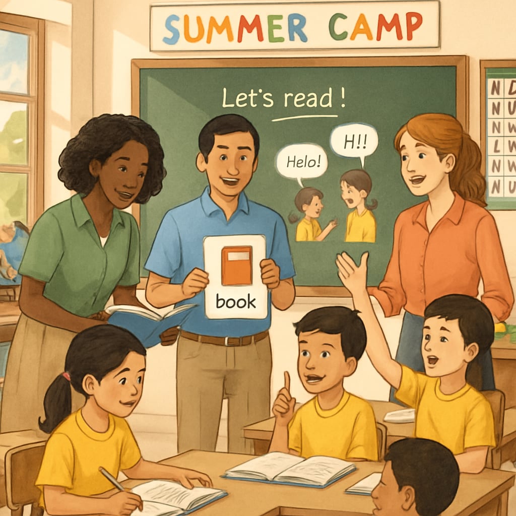 Diverse group of teachers conducting an interactive English lesson with Thai students in a summer camp environment, showing cultural exchange in education Thailand summer camp English teaching session with international educators