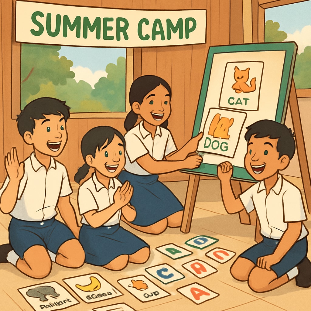Energetic Thai students engaged in a language learning game during summer camp, demonstrating active participation Interactive English learning at Thailand summer camp