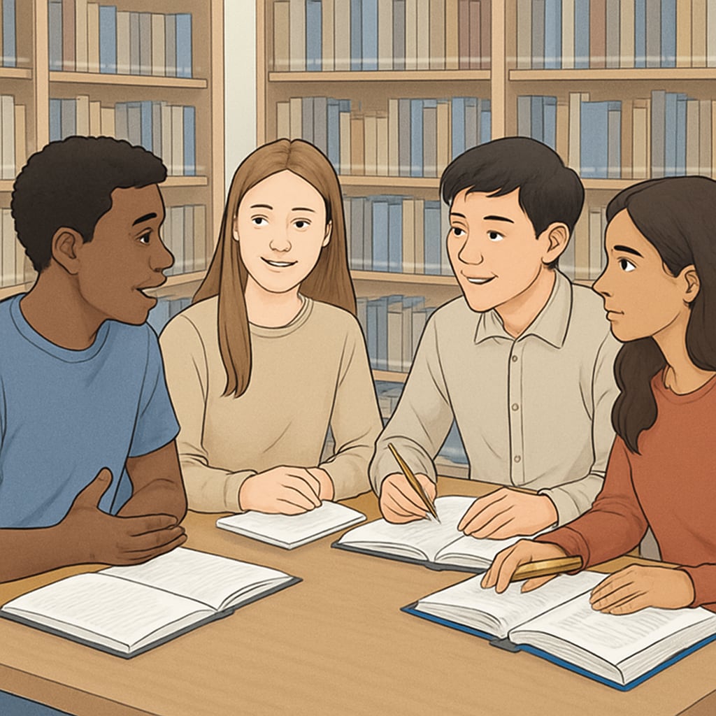 Diverse group of high school students sitting around a table in the library, actively discussing with notepads and textbooks open Students engaged in academic reflection through group discussion