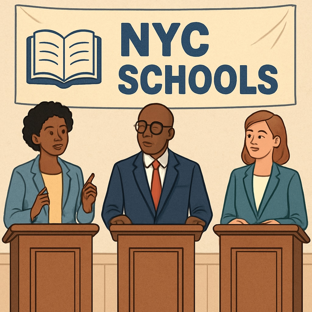 Three mayoral candidates standing at podiums during an education policy debate, with NYC mayoral candidates discussing education reform