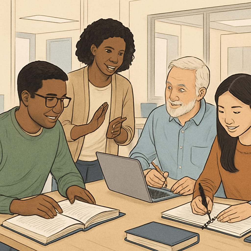 Continuing education students collaborating after academic break
