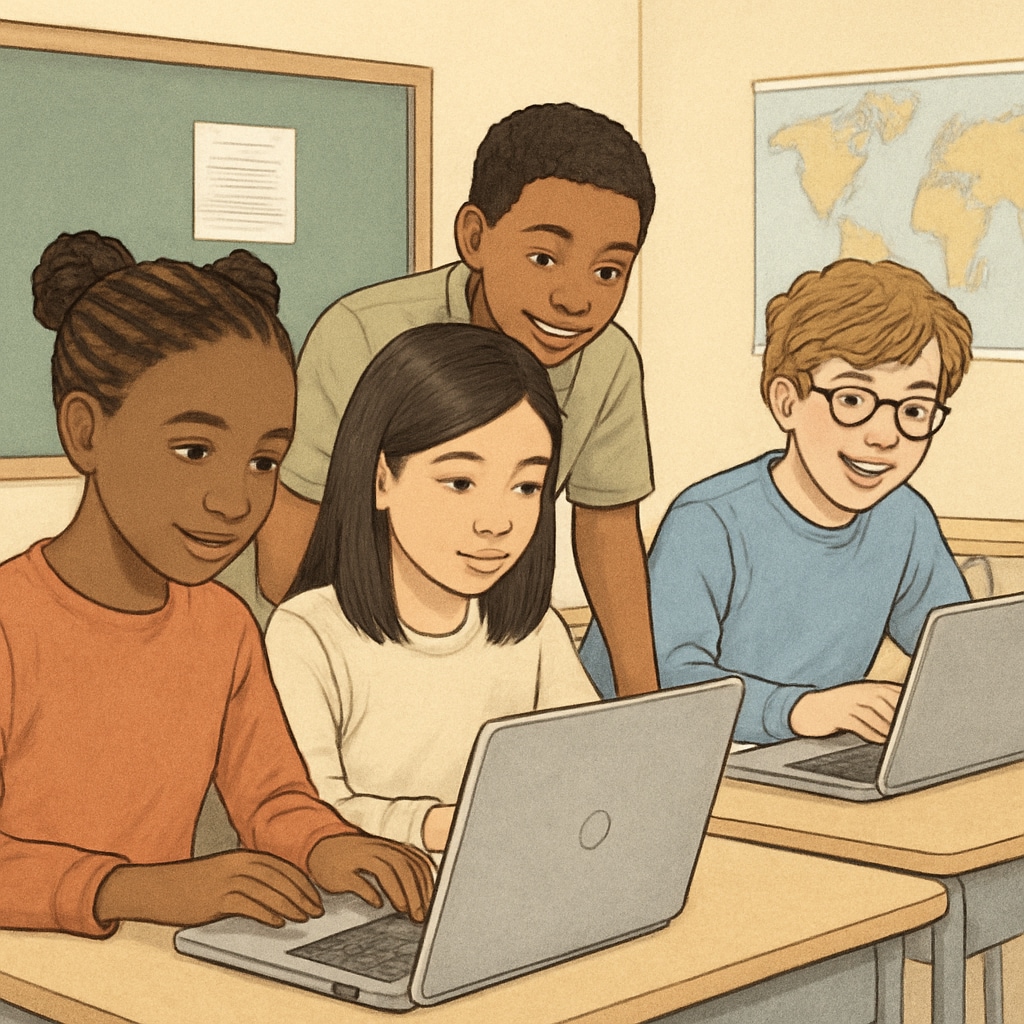Diverse group of middle school students collaborating on laptops in classroom setting Gifted students participating in academic program