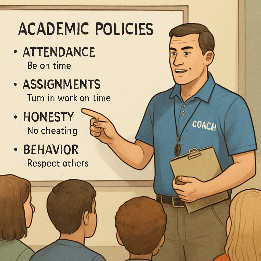 Sports coach teaching academic integrity to team members