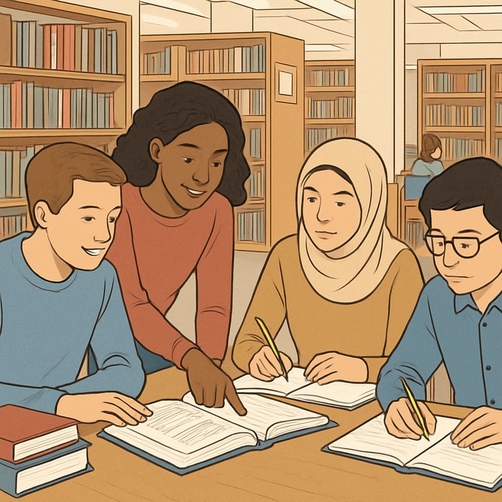 Diverse group of college students collaborating on study materials in a university library setting College students working together in academic environment