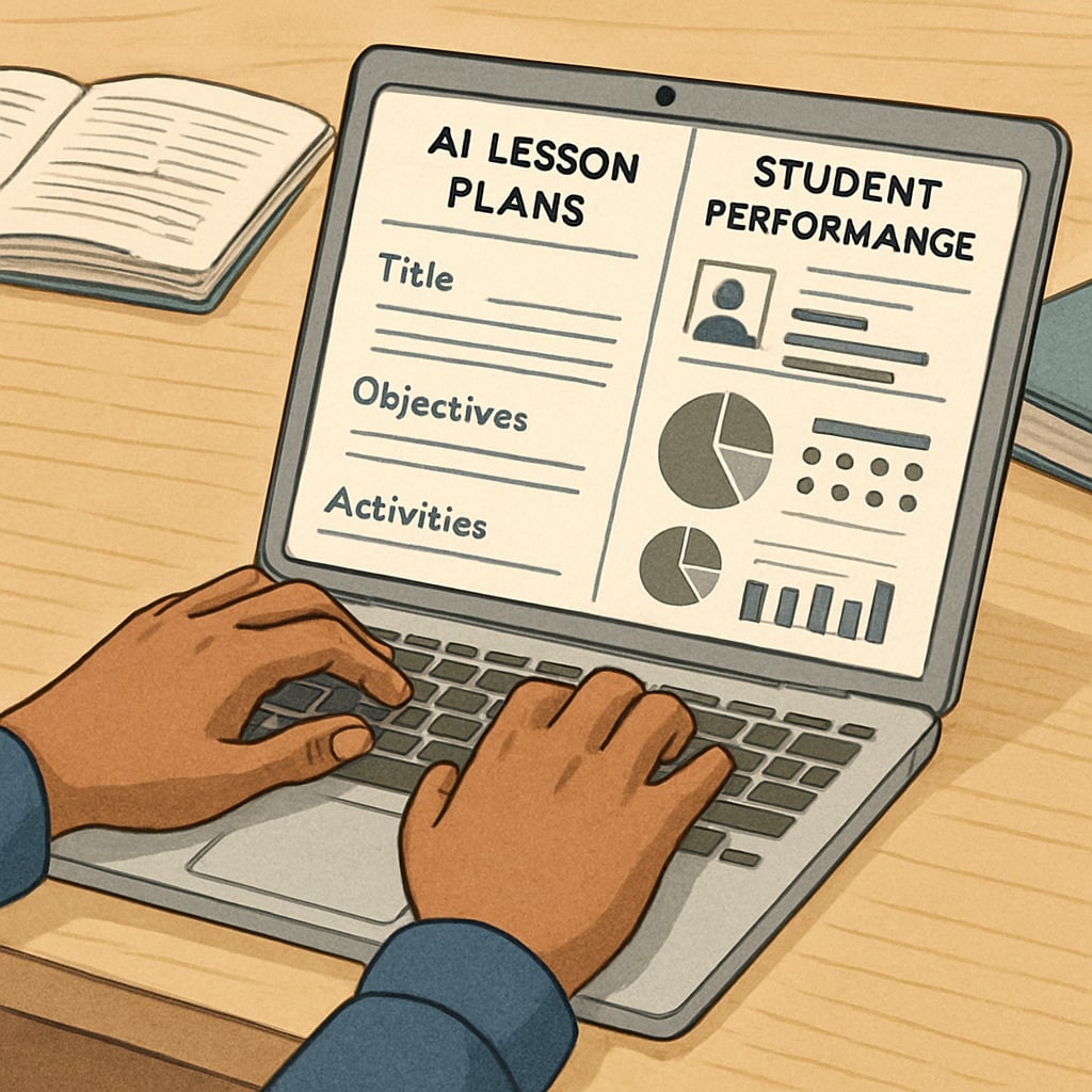 Close-up of a teacher's hands typing on a laptop showing AI-generated lesson plans and student performance dashboards Teaching assistance through AI-powered analytics