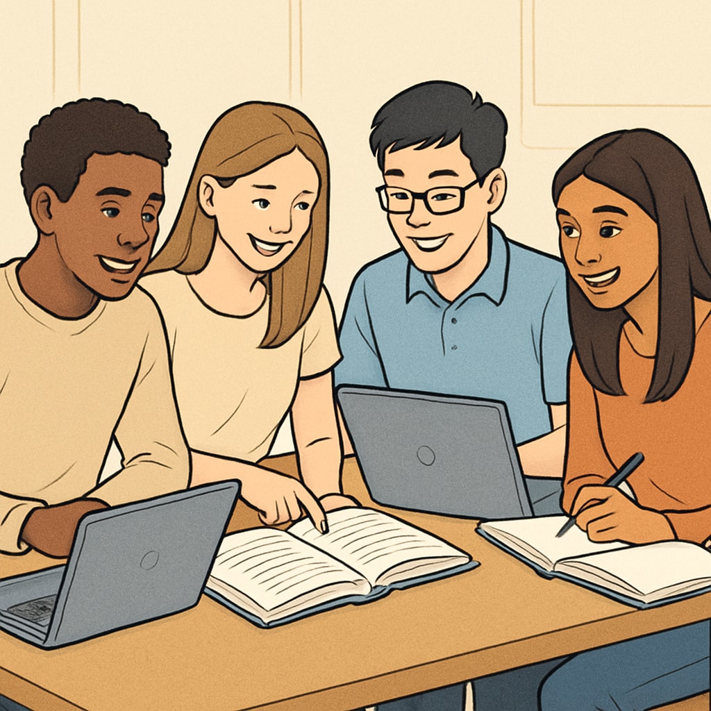 Diverse group of high school students working together on laptops, smiling while reviewing study materials K12 students collaborating in a study group
