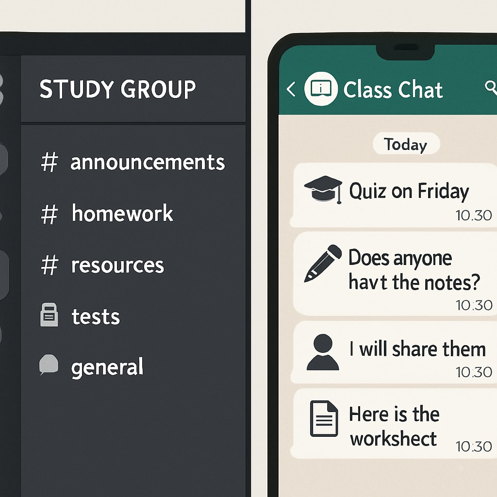 Split-screen showing Discord’s server channels and WhatsApp’s group chat interface with education-related labels Discord vs WhatsApp for student communities