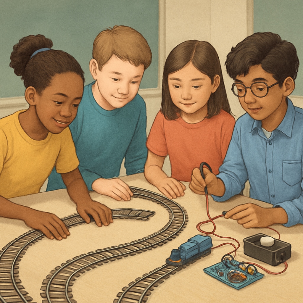 Diverse group of middle school students assembling a model railway system with tracks and electronic components on classroom table K12 students learning railway engineering through hands-on project